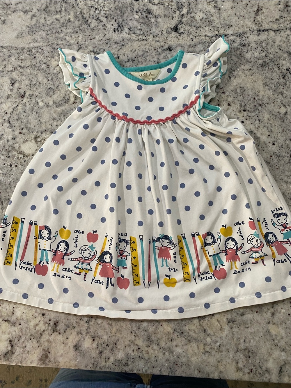 Matilda Jane White Dress with Blue Polka Dots and Colorful Schoolgirl Border